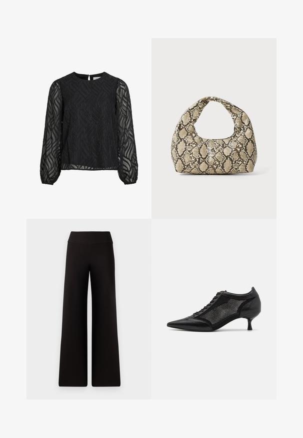 Black blouse featuring long sheer sleeves, textured leaf pattern, round neckline, and a small back keyhole clasp.; Black wide-leg pants with a smooth waistband, made from a soft material. Features a loose fit and minimal stitching details.; Black pointed-toe shoe with a mesh panel design, featuring a low heel and lace-up front. Made from a combination of leather and mesh material.; Snake-print handbag with a curved handle. Made from textured, beige and brown materials, featuring a distinctive diamond pattern.
