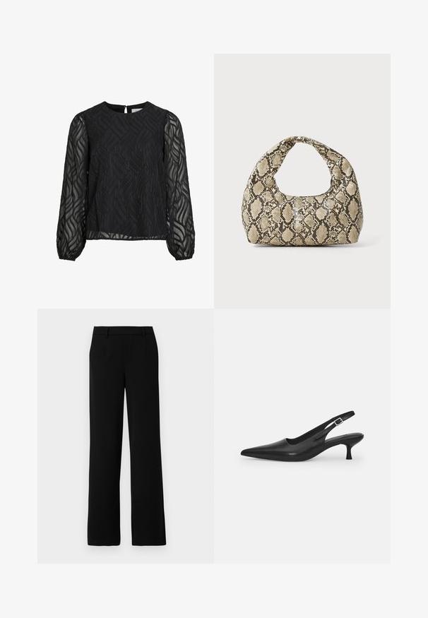 Sort bluse med lange gennemsigtige ærmer, struktureret bladmønster, rund halsudskæring og en lille nøglehulsknap bagpå.; Sorte vide bukser lavet af glat stof, med flad front, to sidelommer og en skræddersyet talje for et elegant udseende.; Sort læder slingback-sko med spids tå og en slank, buet hæl. Har en diskret justerbar rem med en metalspænde.; Slangeprint håndtaske med et buet håndtag. Lavet af strukturerede, beige og brune materialer, med et karakteristisk diamantmønster.
