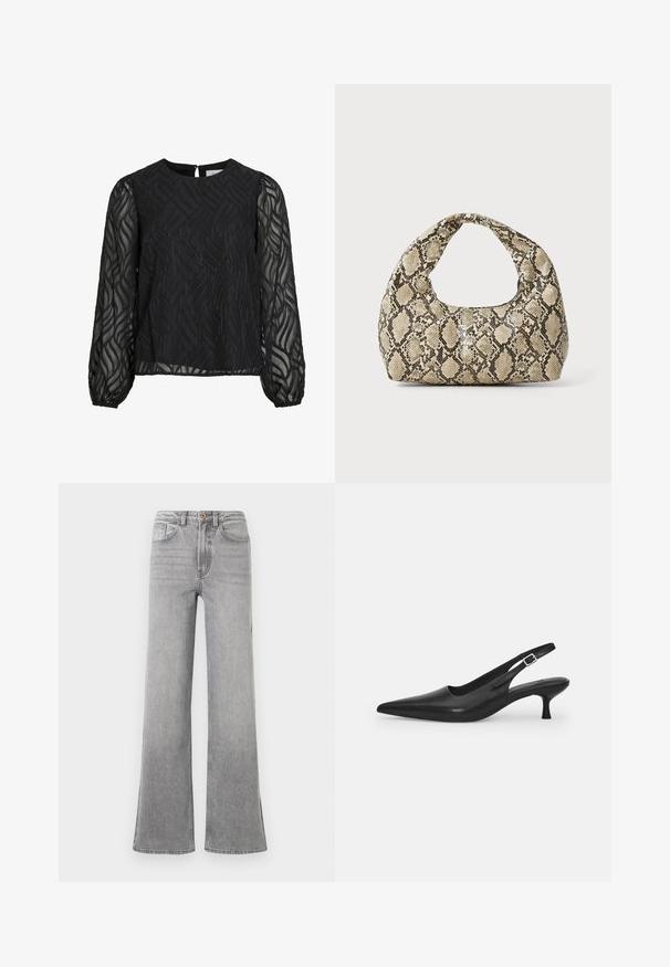 Blusa preta com mangas longas transparentes, padrão texturizado de folhas, decote redondo e um pequeno fecho em forma de gota nas costas.; Jeans flare em denim cinza, com cintura alta, bolsos frontais, passadores de cinto e um leve design desbotado, apresentados sobre um fundo branco.; Shoe slingback preta em pele com bico fino e um salto slim e curvado. Apresenta uma tira ajustável discreta com uma fivela de metal.; Bolsa com padrão de pele de cobra e uma alça curva. Feita de materiais texturizados em bege e castanho, apresentando um padrão de diamante distintivo.