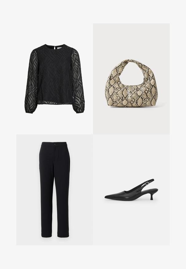 Mustmust, millel on pikad läbipaistvad varrukad, tekstuuriga lehe muster, ümmargune kaelus ja väike tagumine võtmeauk.; Mustad püksid sirge jala disainiga, valmistatud siledast kangast. Omab esistupidamist ja küljetaskuid.; Mustmustast musta nahast slingback king, millel on terav varvas ja kitsas, kumer konts. Omab diskreetset reguleeritavat rihma metallist pandlaga.; Musta käärmeprindiga kott kõveraga käepidemega. Valmistatud tekstiilsetest, beežidest ja pruunidest materjalidest, millel on iseloomulik rombikujuline muster.