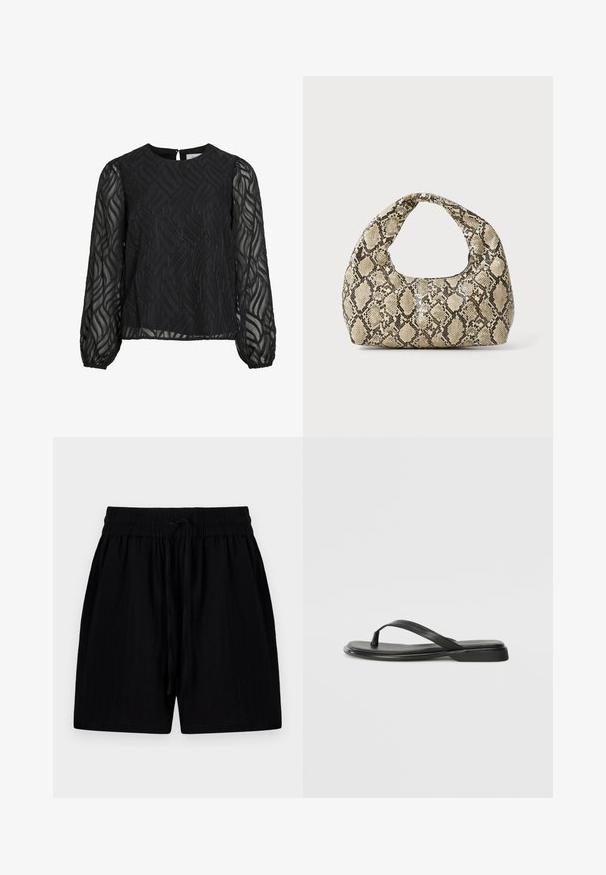 Zwarte blouse met lange doorschijnende mouwen, gestructureerd bladdlepatroon, ronde halslijn en een kleine sleutelsluiting aan de achterkant.; Zwarte shorts van lichtgewicht stof met een elastische tailleband, voorzien van zijzakken en een gestructureerd oppervlak.; Zwarte teenflip-flop van glad leer, met een dunne band en een platte zool met een minimalistisch profiel. Geen opvallende patronen of accenten.; Slangpatroon handtas met een gebogen handvat. Gemaakt van gestructureerde, beige en bruine materialen, met een kenmerkend ruitpatroon.