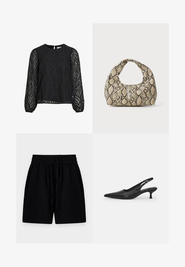 Blouse noire à manches longues transparentes, avec un motif de feuilles texturé, un col rond et une petite attache en forme de clé au dos.; Shorts noirs en tissu léger avec une ceinture à cordon de serrage, comportant des poches latérales et une surface texturée.; Chaussure slingback en cuir noir avec un bout pointu et un talon fin et incurvé. Dispose d'une sangle ajustable discrète avec une boucle en métal.; Sac à main en motif serpent avec une poignée incurvée. Fabriqué à partir de matériaux texturés beiges et bruns, présentant un motif en diamant distinctif.