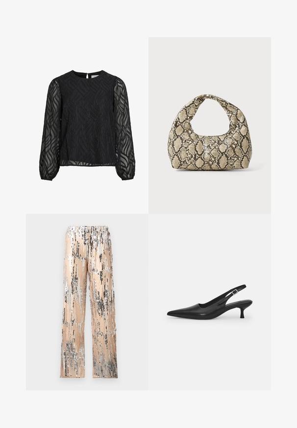 Črna bluzica z dolgimi prosojnimi rokavi, teksturiranim vzorcem listov, okroglim ovratnikom in majhnim ključavnico na hrbtu.; Bež hlače širokih nogavic s svilenimi in črnimi akcenti, okrašene s kamenčki. Imajo elastičen pas in vertikalno teksturo iz kamenčkov.; Črne usnjene sandale z odprtim peto in konično oblikovanim prstom ter ozkim, ukrivljenim petnim delom. Imajo diskretno nastavljivo zaponko z kovinsko sponko.; Torba z vzorom kače s ukrivljenim ročajem. Narejena iz teksturiranih, bež in rjavih materialov, ki imajo značilen diamante vzorec.