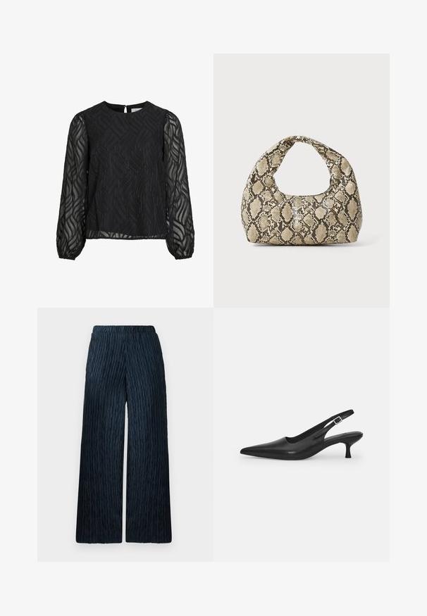 Sort bluse med lange gennemsigtige ærmer, struktureret bladmønster, rund halsudskæring og en lille nøglehulsknap bagpå.; Bredde ben bukser i mørkeblå med struktureret, krøllet stof. Har elastisk talje for komfort og en glat overflade.; Sort læder slingback-sko med spids tå og en slank, buet hæl. Har en diskret justerbar rem med en metalspænde.; Slangeprint håndtaske med et buet håndtag. Lavet af strukturerede, beige og brune materialer, med et karakteristisk diamantmønster.