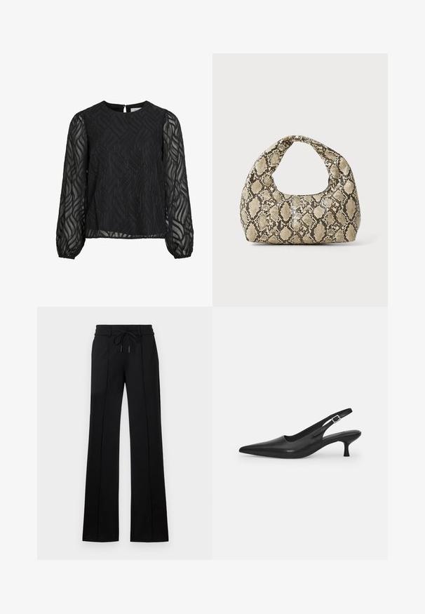 Black blouse featuring long sheer sleeves, textured leaf pattern, round neckline, and a small back keyhole clasp.; Black tailored trousers with a drawstring waist. Features a straight fit, two front seams, and smooth fabric with a slight sheen.; Black leather slingback shoe with a pointed toe and a slim, curved heel. Features a discrete adjustable strap with a metal buckle.; Snake-print handbag with a curved handle. Made from textured, beige and brown materials, featuring a distinctive diamond pattern.