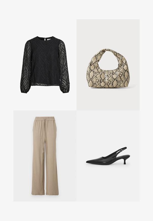 Musta paita, jossa on pitkät läpinäkyvät hihat, teksturoitu lehtikuvio, pyöreä pääntie ja pieni avoventtiili takana.; Vaaleanbeiget leveät housut, jotka on valmistettu kevyestä kankaasta. Ominaisuuksiin kuuluu joustava vyötärö, jossa on naru ja sivutaskut. Silkkinen pinta.; Mustan nahkainen slingback-kengät, joissa on terävä nenä ja kapea, kaareva korko. Varustettu huomaamattomalla säädettävällä hihnalla, jossa on metallinen solki.; Käärmeennahkakuosiset käsilaukku, jossa on kaareva kahva. Tehty teksturoiduista beigeistä ja ruskeista materiaaleista, joissa on erottuva timanttikuvio.