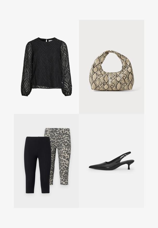 Črna bluzica z dolgimi prosojnimi rokavi, teksturiranim vzorcem listov, okroglim ovratnikom in majhnim ključavnico na hrbtu.; Dve pare skrajšanih legginga: ena enobarvna črna, druga s sivim leopardjim vzorcem. Mehka, raztegljiva tkanina z elastičnim pasom.; Črne usnjene sandale z odprtim peto in konično oblikovanim prstom ter ozkim, ukrivljenim petnim delom. Imajo diskretno nastavljivo zaponko z kovinsko sponko.; Torba z vzorom kače s ukrivljenim ročajem. Narejena iz teksturiranih, bež in rjavih materialov, ki imajo značilen diamante vzorec.