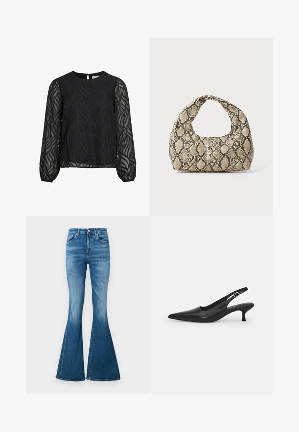Fekete blúz hosszú áttetsző ujakkal, textúrált levélmintával, kerek nyakkivágással és kis hátsó gombolással.; Könnyű súlyú farmerből készült, magas derekú, világoskék színű, enyhén megfakult, klasszikus öt zsebes flared farmernadrág.; Fekete bőr szandálcipő hegyes orral és karcsú, ívelt sarokkal. Diszkrét, állítható pánttal rendelkezik, fém csattal.; Kígyómintás kézitáska ívelt fogantyúval. Texturált, bézs és barna anyagból készült, jellegzetes gyémántmintával.