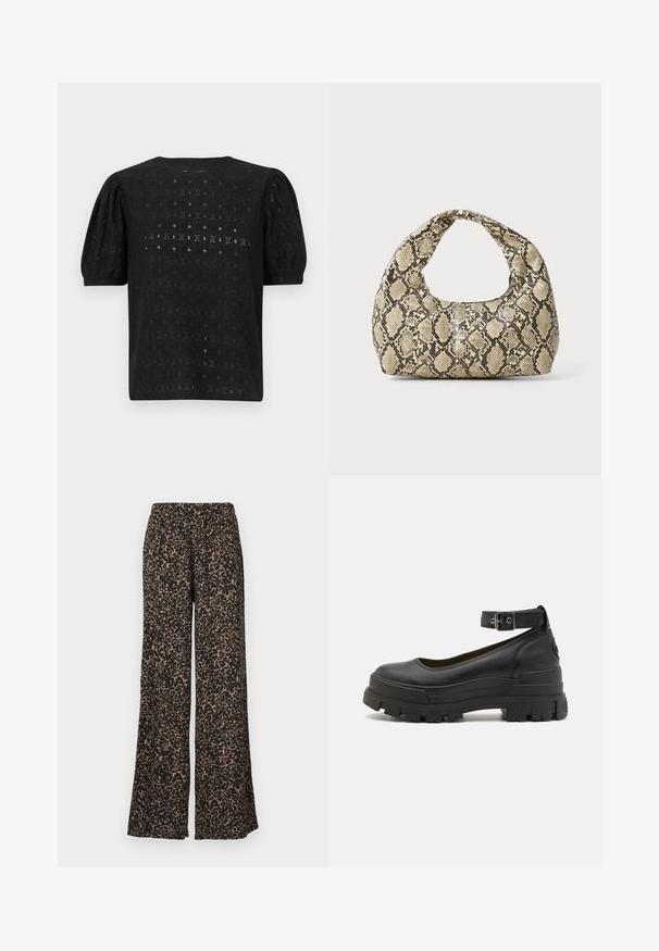 Black embroidered top featuring a round neckline, puff sleeves, and an intricate openwork pattern throughout the fabric.; Wide-leg pants featuring a leopard print pattern in black and brown hues, made from lightweight fabric with an elastic waistband.; Buffalo ASPHA - Platform heels - black; Snake-print handbag with a curved handle. Made from textured, beige and brown materials, featuring a distinctive diamond pattern.