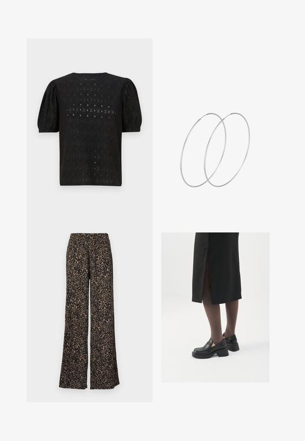 Melnā izšūtā blūze ar apaļu kakla izgriezumu, pūkainām piedurknēm un sarežģītu atvērtu rakstu caur audumu.; Platīna bikses ar leopardu rakstu melnā un brūnā krāsā, izgatavotas no viegla materiāla ar elastīgu jostasvietu.; Melni ādas apavi ar noapaļotu purngalu, biezām bloku papēžiem un elastīgiem sānu akcentiem, apvienoti ar tumšām zeķubiksēm un melnu svārku ar šķirbu.; Sudraba gredzenveida auskari ar minimālistisku dizainu. Cirkulāra forma, gluda tekstūra un plāns profils. Vieglu svaru ar spīdīgu apdari.