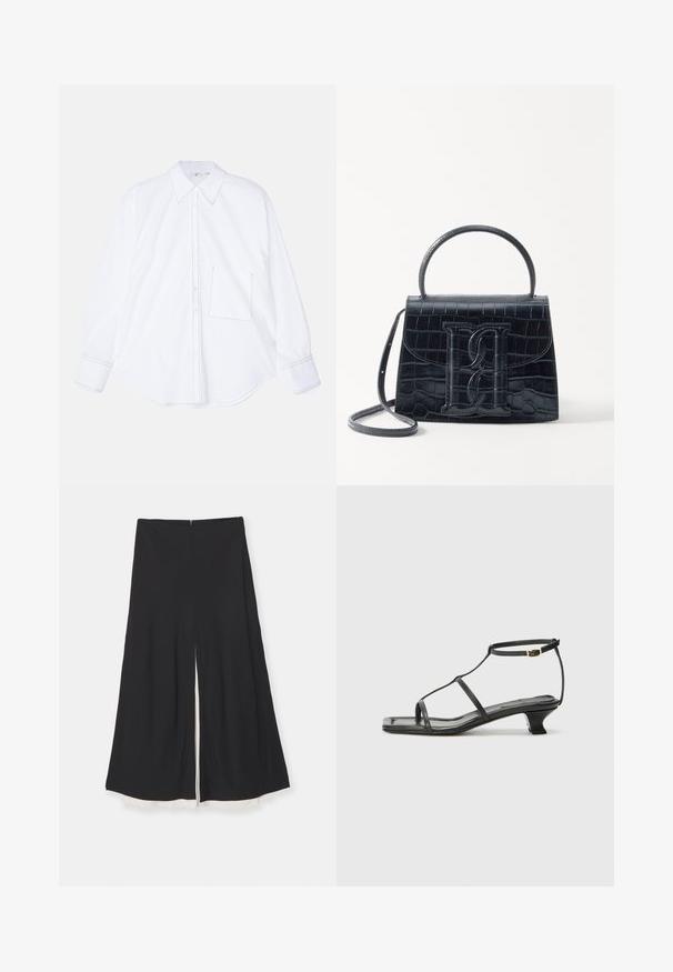 Cămașă albă cu mâneci lungi, fabricată dintr-un material neted, având un gât cu nasturi, guler mare, margine rotunjită și o singură buză pe partea stângă a pieptului, cu detalii de cusătură.; Pantaloni negri cu croială largă și deschidere frontală, având o textură netedă și o căptușeală albă contrastantă la tiv. Închidere cu fermoar la spate.; Sandelă din piele neagră cu vârf pătrat, curele subțiri, curea ajustabilă la gleznă și toc mic. Prezintă un mic accent auriu pe curea.; Geantă din piele cu model de crocodil negru, cu un design structurat, mână superioară, curea ajustabilă și un detaliu proeminent cu logo pe față.