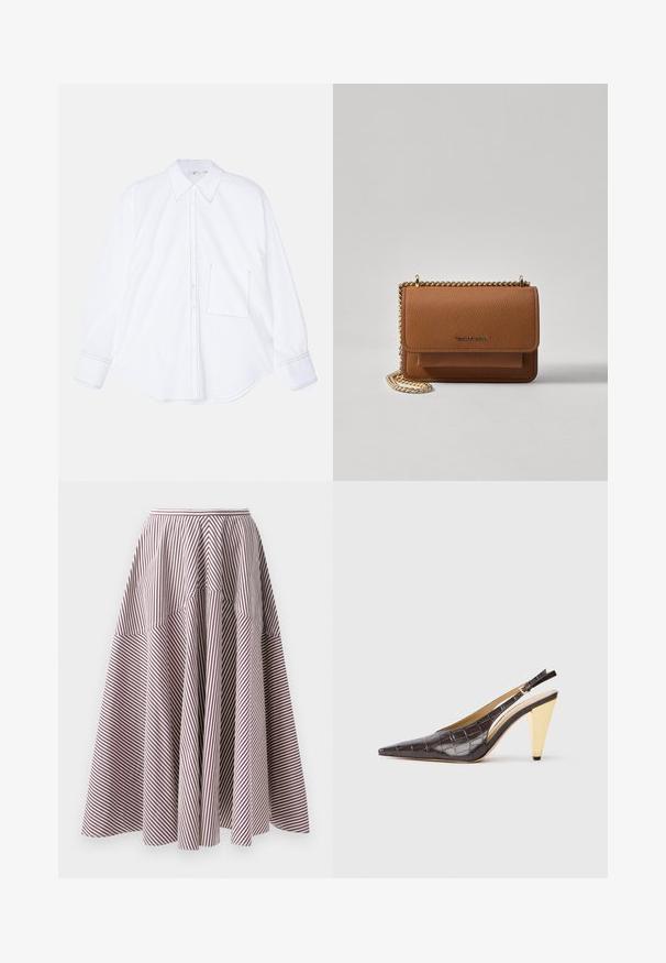 Biała koszula z długim rękawem, wykonana z gładkiej tkaniny, z zapinanym na guziki przodem, dużym kołnierzem, zaokrąglonym dołem oraz jedną lewą kieszenią na piersi z detalami szycia.; Spódnica w paski o pionowych białych i burgundowych lini, z rozszerzanym krojem i marszczonym wykończeniem w talii, wykonana z lekkiego materiału.; Sandały na obcasie z przeszyciem w ciemnym brązowym lakierowanym faux krokodyle. Posiadają złoty geometrzyczny obcas oraz regulowany pasek wokół kostki.; Brązowa skórzana torba na ramię z teksturą, z złotym łańcuszkiem i zapięciem na klapkę. Z przodu znajduje się detal z logo oraz kieszeń pod klapką.