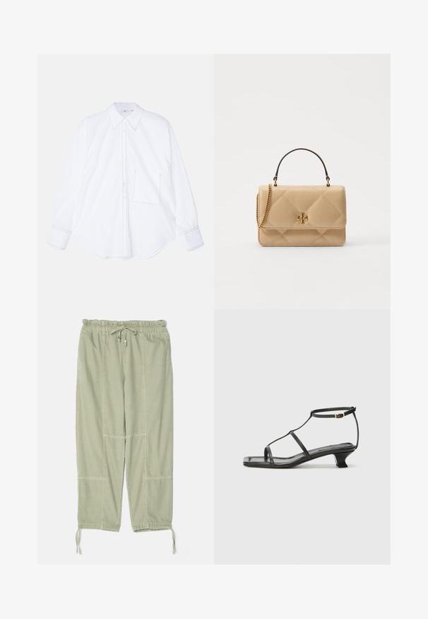 Chemise blanche à manches longues en tissu lisse, avec un devant à boutons, un grand col, un ourlet arrondi et une seule poche sur la poitrine gauche avec des détails de couture.; rag & bone JORDAN PANT - Pantalon classique - jade; Sandale en cuir noir avec un bout carré, des fines lanières, une bride de cheville ajustable et un petit talon. Présente un petit accent doré sur la lanière.; Sac à main en cuir beige matelassé avec quincaillerie dorée, une chaîne en bandoulière et une anse supérieure. Dispose d'un rabat à l'avant et d'un détail de logo signature.