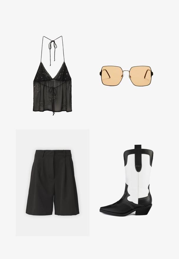 Crna prozirna kamisola s tankim naramenicama, s cvjetnim aplikacijama od perlica i prednjim vezanjem. Lagana i teksturirana tkanina.; Crne hlače kratkog kroja, s oblikovanim dizajnom, koje sadrže plitke nabore sprijeda, široku elastiku u struku i glatku teksturu. Nema vidljivih džepova.; Crno-bijele kaubojke napravljene od sintetičke kože, s oštrim vrhom, valovitim dizajnom i niskom blok petom. Istaknuti detalj s šavovima.; Kvadratne sunčane naočale s smešnim staklima i tankim okvirom od crnog metala. Imaju uglaste tempore i podešive noseče jastučiće za udobnost.; Crna torba preko ramena od tkanine s glatkim kožnim remenom i zatvaranjem na patentni zatvarač. Ima teksturiranu površinu i zakrivljen oblik.