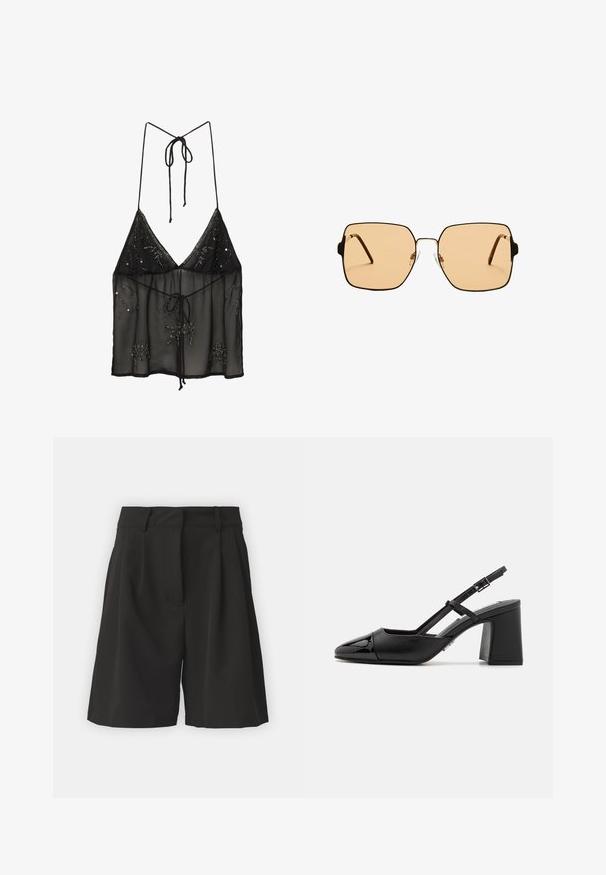 Czarna przezroczysta kamizelka na ramiączkach typu spaghetti, ozdobiona koralikowymi akcentami w kwiatowe wzory i z zapięciem na sznurki z przodu. Lekki i teksturowany materiał.; Czarne spodenki o dopasowanym kroju, z plisami z przodu, szerokim pasem i gładką teksturą. Brak widocznych kieszeni.; Czarna lakierowana skórzana szpilka typu slingback z spiczastym noskiem, blokowym obcasem i regulowanym paskiem. Gładka faktura i minimalistyczny design.; Kwadratowe okulary przeciwsłoneczne z brązowymi soczewkami i cienką, czarną metalową oprawą. Posiadają skośne zauszniki i regulowane noski dla większego komfortu.; Czarna, pleciona torba na ramię z gładkim skórzanym paskiem i zapięciem na zamek. Charakteryzuje się teksturowaną powierzchnią i zakrzywionym kształtem.