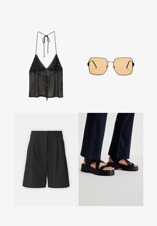 Čierna priesvitná tílko s ramienkami, s kvetinovou korálkovou výšivkou a predným viazaním. Ľahká a štruktúrovaná látka.; Čierne kraťasy s prispôsobeným strihom, so záhybmi na prednej strane, širokým pásom a hladkou textúrou. Bez viditeľných vreciek.; Čierne platformové sandále s širokými krížovými popruhmi a hrubou podrážkou. Vrchná časť je vyrobená z hladkého materiálu a má otvorený dizajn špičky.; Štvorcové slnečné okuliare s hnedými sklami a tenkým čiernym kovovým rámom. Vlastnosti zahŕňajú šikmé ramienka a nastaviteľné nosové podložky pre väčšie pohodlie.; Čierna tkaná taška cez plece s hladkým koženým remienkom a zipsovým uzáverom. Disponuje štruktúrovaným povrchom a zakriveným tvarom.