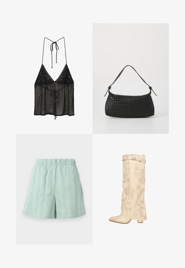 Zwarte doorschijnende cami-top met spaghettibandjes, voorzien van bloemen beadwork-accenten en een sluiting met een voorstrik. Licht en gestructureerde stof.; Lichtgroene, gestructureerde shorts met een elastische tailleband en zigzagpatroon. Beschikt over zijopeningen voor extra comfort en luchtcirculatie.; Kniehoge romige synthetische leren laars met een subtiele glans, textuurafwerking, blokhak en een band met een metalen sluiting aan de bovenkant.; Zwarte geweven schoudertas met een gladleren schouderband en rits sluiting. Heeft een gestructureerd oppervlak en een gebogen vorm.