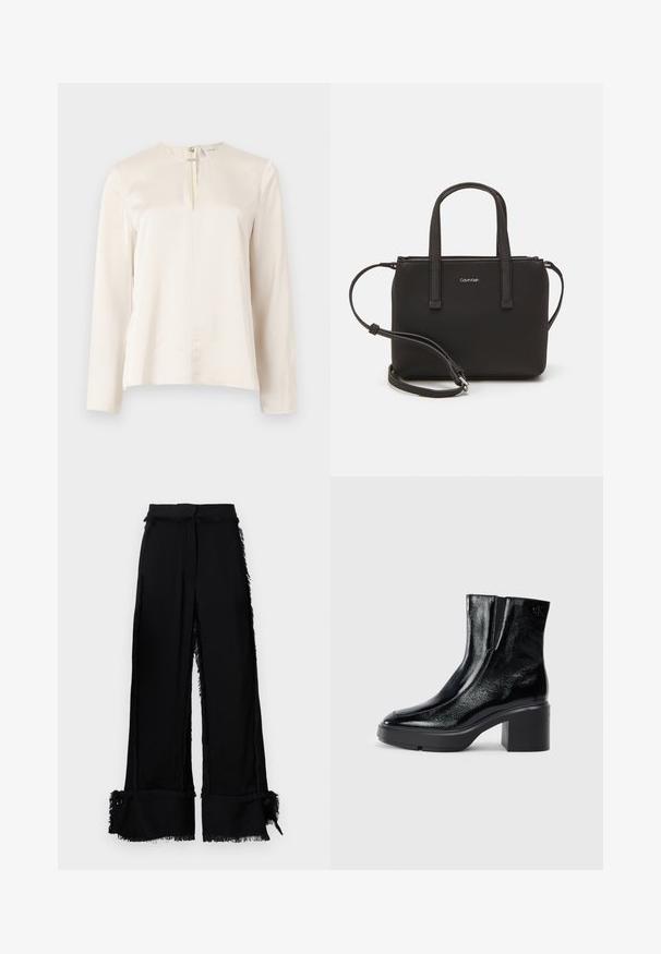 Krémová blúzka s dlhým rukávom a okrúhlym výstrihom, s detailom predného skladania a skrytým zipsom na chrbte. Hladká textúra podobná hodvábu.; Čierne nohavice s širokými nohavicami so strapcami na okrajoch, textúrovaným povrchom, bočnými rozparkami a dekoratívnymi gombíkmi na leme. Prispôsobený pás.; Čierne lakované členkové topánky s zakrivenou špičkou, elastickými bočnými panelmi a masívnym blokovým opätkom. S embosovaným logom na zadnej strane.; Čierna kabelka s dvojitými krátkymi rúčkami a odnímateľným ramenným popruhom. Hladký materiál podobný koži s uzatváraním na zips a detailom loga.