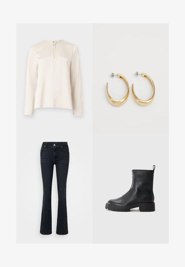 Blouse beige à manches longues avec un col rond, détail de plis sur le devant, et une fermeture éclair dissimulée au dos. Texture lisse semblable à de la soie.; Jeans évasés noirs en denim, à taille haute, avec une conception à cinq poches et fermeture à bouton métallique. Texture lisse, décoloration minimale.; Bottine en cuir noir avec fermeture éclair sur le côté, bout arrondi et semelle épaisse et texturée. Branding subtil sur le côté.; Boucles d'oreilles créoles de couleur dorée avec un design lisse et courbé. Fabriquées en métal, elles possèdent une finition élégante et une fermeture à tige.