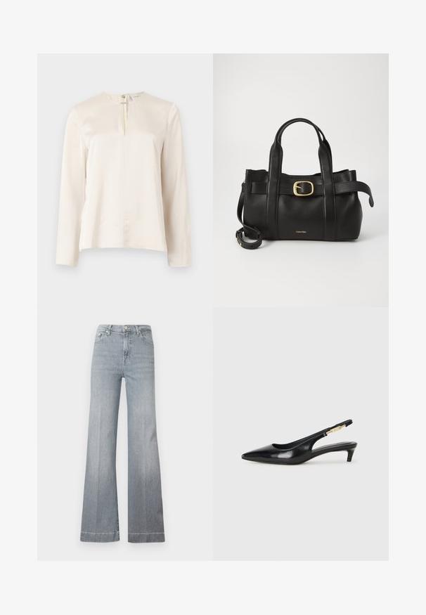 Romantische crèmekleurige blouse met lange mouwen, ronde halslijn, plooidetail aan de voorkant en een verborgen ritssluiting aan de achterkant. Soepele zijdeachtige textuur.; Lichtgrijze, hooggeplaagde flared jeans van denim. Beschikt over vijf zakken, een sluiting met knoop aan de voorkant en een schone zoom met subtiele vervaging op de benen.; Zwarte leren slingback hakken met een spitse neus, voorzien van een slanke hak en een goudkleurige accent op de verstelbare band. Gladde textuur.; Zwarte leren handtas met een gestructureerd ontwerp, dubbele handgrepen aan de bovenkant, een gouden gespaccent en een geperst merklogo aan de voorkant.