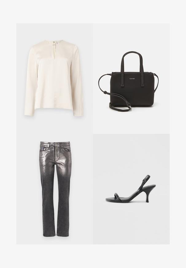 Kreminė ilgomis rankovėmis bluzelė su apvalia iškirpte, priekyje su klostėmis ir paslėptu užtrauktuku nugaroje. Lygus, šilko primenantis paviršius.; Metallic sidabrinės džinsai su tiesiu kirpimu, turintys penkias kišenes ir kontrastingą siūlę. Džinsas turi lygų, blizgantį paviršių.; Juodos odinės aukštakulnės šlepetės su plonu, kreiviu kulnu ir kryžminiu dirželio dizainu. Reguliuojamas kulkšnies dirželis. Lygus paviršius.; Juoda rankinė su dviem trumpais rankenėlėmis ir nuimamu petį. Lygaus odos tipo medžiaga su užtrauktuku ir logotipo detale.