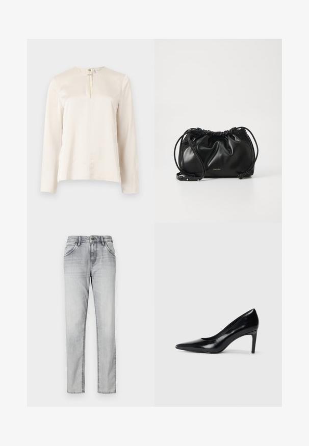 Blusa a maniche lunghe color crema con scollatura rotonda, dettaglio di piega anteriore e chiusura con zip nascosta sul retro. Texture liscia simile alla seta.; Jeans in denim grigio con taglio classico, dotati di chiusura con bottone, cinque tasche e una leggera scoloritura per texture. Design a gamba dritta.; Scarpa con tacco alto in pelle nera, con punta affusolata, texture liscia e tacco rastremato. Design minimalista, senza ulteriori decorazioni.; Borsa a mano in pelle nera con design arricciato, chiusura a doppio cordoncino e tracolla rimovibile. Presenta un dettaglio del logo metallico.