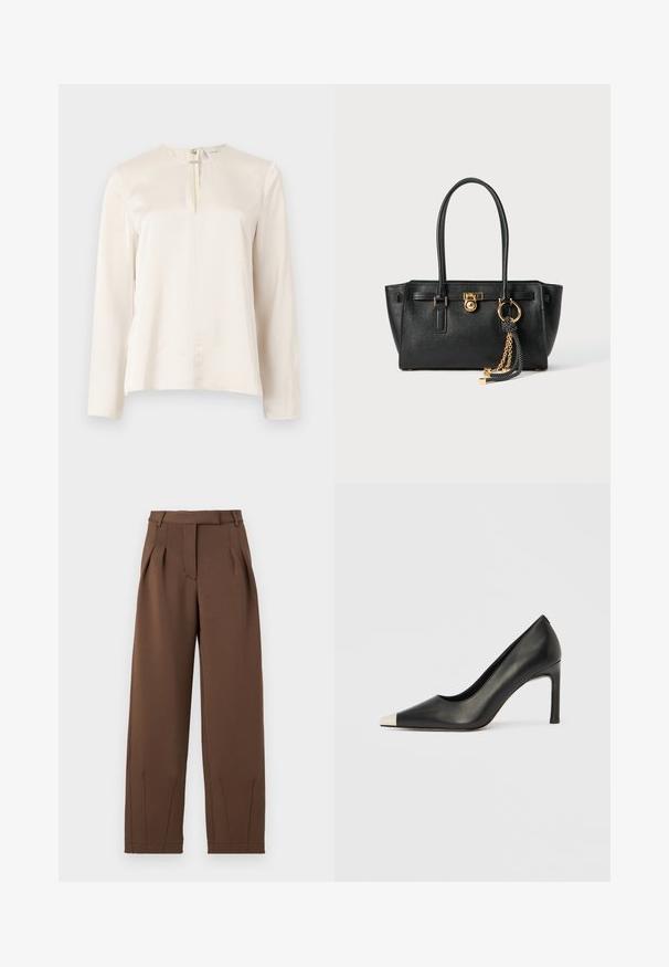 Krémová blůza s dlouhým rukávem a kulatým výstřihem, přední sklady a skrytý zip vzadu. Hladká textura podobná hedvábí.; Hnědé kalhoty vyrobené z hladké látky, s vysokým pasem, předními sklady a volným střihem. Obsahují boční kapsy a zužující se nohavice.; Černá kožená lodička na vysokém podpatku s špičatou špičkou a stříbrnou kovovou špičkou. Má hladký povrch a štíhlý 10cm podpatek.; Černá kožená kabelka s dvojitými uchy, zlatým zámkem a řetízkem, a černo-bílým třásňovým doplňkem na bílém pozadí.