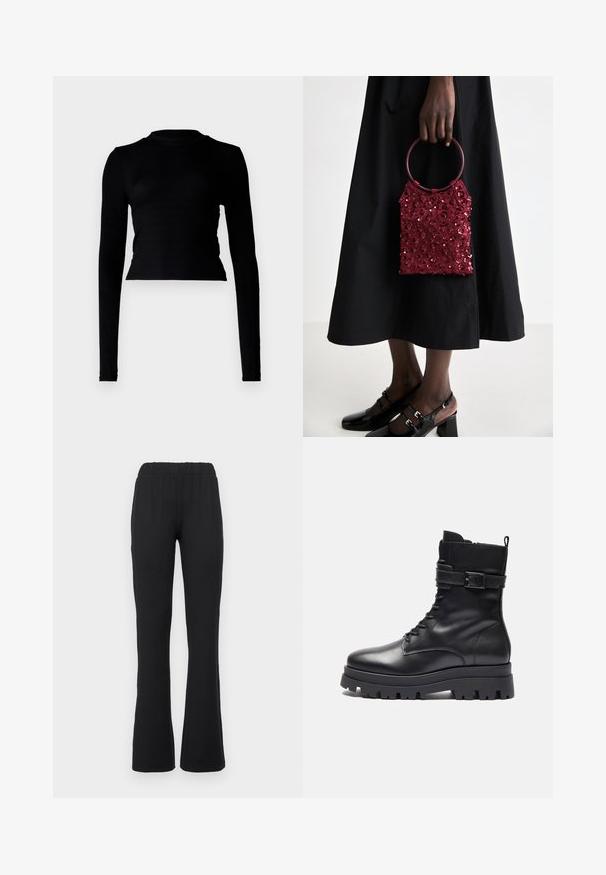 Melna garām piedurknēm crop top krekls ar ribotu faktūru, ar augstu apkakli un pieguļošu dizainu. Minimalistisks stils bez redzamām rakstu vai akcentu detaļām.; Melnas, platas bikses ar elastīgu jostasvietu, ar gludu tekstūru un bez redzamām faktūrām vai detaļām.; Melnas ādas potīšu zābaki ar noapaļotu purngalu, šņorējamu priekšpusi, sprādzi sānos un masīvu gumijas zoli.; Bordo spīdīga rokassomu ar apaļu rokturi, taisnstūra formā un ar teksturētu virsmu; savienota ar melnu svārku un spīdīgām melnām kurpēm.; Melnas auduma scrunchies ar krokotu tekstūru, ar acs modeli. Divi izmēri, abi mīksti, ar smalku apdari.