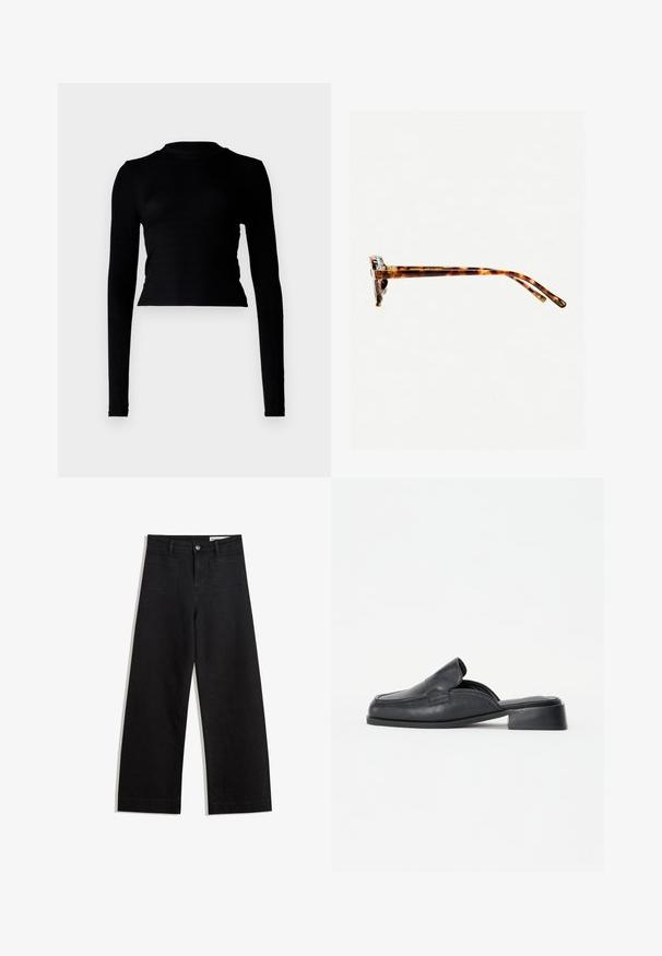 Cropped top negru cu maneci lungi, din material texturat cu nervuri, având un guler înalt și un design ajustat. Stil minimalist, fără modele sau accente vizibile.; Pantaloni din denim negri cu picioare largi, cu talie înaltă, având buzunare frontale și posterioare, cusături dublate și închidere cu nasture. Textură netedă.; Pantofii slip-on din piele neagră, cu tocul plat, prezintă un upper larg, accente cusute și o textură netedă. Design simplu cu detalii minime.; Ochelari de soare cu ramă de țestoasă, cu un cadru gros, temple ușor curbate și textură netedă. Prezintă un design clasic, cu o finisare lucioasă.; Geantă de mână din piele lăcuită neagră, cu o formă curbată, un umăr, buzunare frontale și accente din metal argintiu.