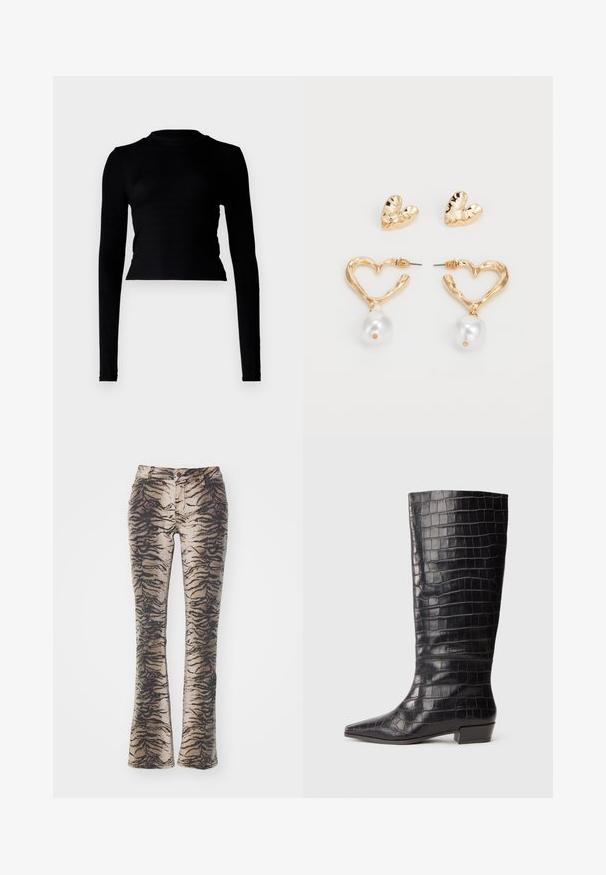 Čierny dlhý rukáv crop top s rebrovanou textúrou, s vysokým golierom a priliehavým strihom. Minimalistický štýl bez viditeľných vzorov alebo akcentov.; Rozšírené nohavice vyrobené z látky s béžovým a čiernym tiger prúžkovým vzorom, s prednými vreckami a zipsovým zapínaním.; Čierne kožené čižmy po kolená s textúrou krokodíla, s ostrou špičkou a nízkym blokovým podpätkom. Obsahujú jemné značenie v blízkosti členku.; Náušnice v zlatej farbe v tvare srdca s textúrovaným povrchom, s visiacou perlou ako ozdobou. Obsahuje aj zodpovedajúce náušnice srdcového tvaru na puzetu.
