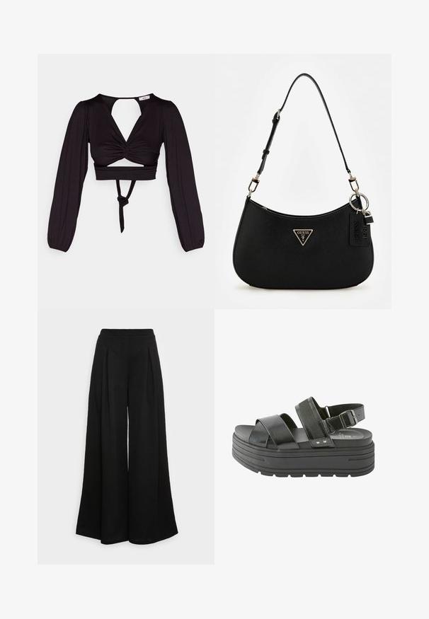 Must have lühike must topp, millel on pikad puhv-sleeved varrukad, keeratud esikujundus ja avatud selg. Sisaldab sidet taljes ja sujuvat, venivat kangast.; Laiad mustad püksid pehmest kangast, millel on ees voldid ja kõrge vöökoht, tagades voogava silueti.; Next CHUNKY REGULAR WIDE FIT - Platvormsandaalid - black; Must zwart sünteetilisest materjalist õlakotil on kaarjas siluett, struktureeritud viimistlus, kultne kolmnurga logo ja eemaldatavad metallaktsendid.