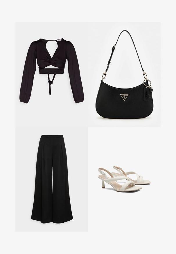 Svart kort topp med långa puffärmar, vriden frontdesign och öppen rygg. Har en snörning i midjan och ett mjukt, elastiskt tyg.; Breda svarta byxor i ett mjukt tyg, med framfickor och hög midja, som ger en flödande silhuett.; Vita slingback sandaler med korsade remmar, minimalistisk design, fyrkantig tå och en smal klack. Slät material med en matt finish.; Svart syntetisk axelväska med en rundad siluett, strukturerad yta, guldtriangel-logotyp och avtagbara hårdvaruaccentuer.