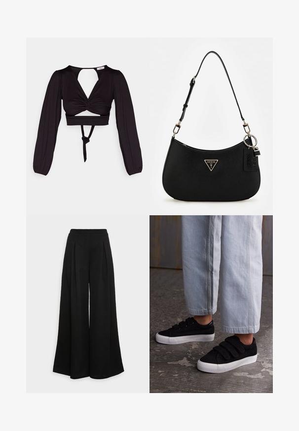 Top corto nero con maniche lunghe a sbuffo, design con fronte intrecciato e schiena scoperta. Presenta un nodo in vita e un tessuto liscio e elastico.; Pantaloni neri a gamba larga realizzati in un tessuto morbido, con pieghe frontali e un'alta vita, che garantiscono una silhouette fluida.; Sneakers in corduroy neri con tre cinturini in velcro e una parte superiore testurizzata. Suola in gomma bianca a profilo basso. Indossati con pantaloni a tre quarti azzurri chiari.; Borsa a spalla nera in materiale sintetico con silhouette curvilinea, finitura testurizzata, logo triangolare dorato e dettagli in metallo removibili.