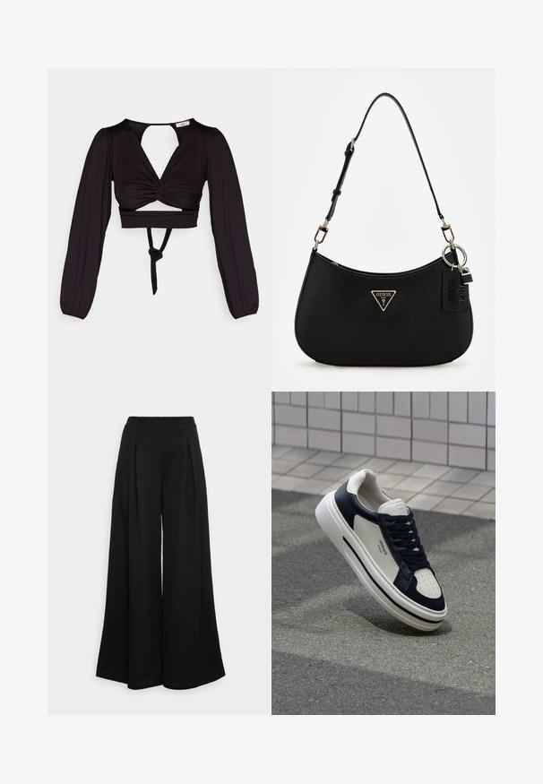 Černý zkrácený top s dlouhými puff rukávy, zkrouceným designem vpředu a odhaleným zadním dílem. Obsahuje kravatu v pase a hladkou, elastickou látku.; Široké černé kalhoty vyrobené z měkké tkaniny, s předními záhyby a vysokým pasem, které zajišťují volný siluetu.; Bílé a námořnické kožené tenisky s perforovanou špičkou, šněrováním a texturovanou gumovou podrážkou, s logem na boku.; Černá syntetická taška přes rameno s zakřivenou siluetou, strukturovaným povrchem, zlatým trojúhelníkovým logem a odnímatelnými kovovými akcenty.