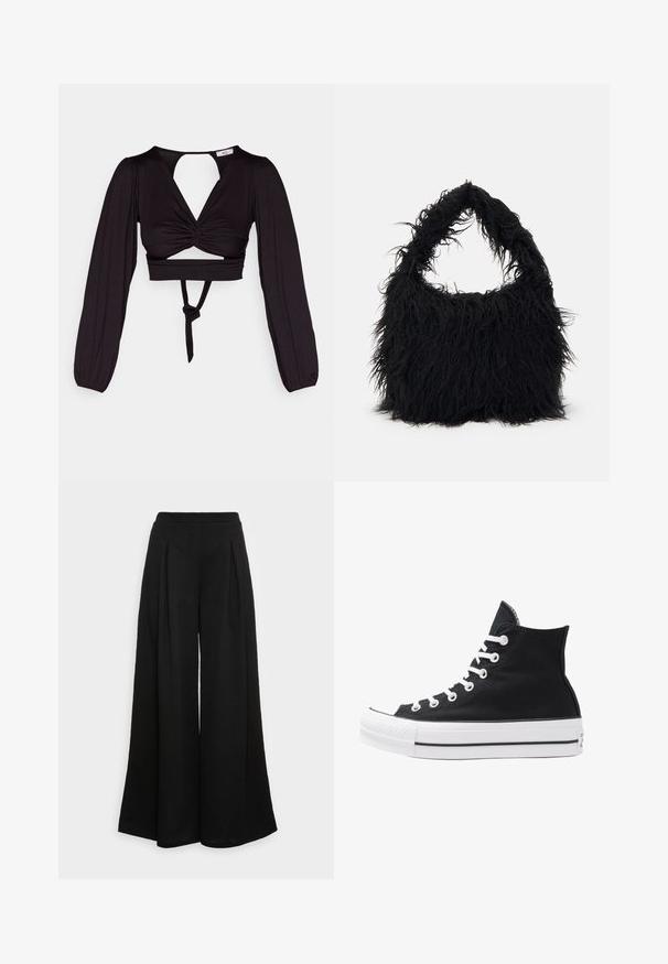 Top corto nero con maniche lunghe a sbuffo, design con fronte intrecciato e schiena scoperta. Presenta un nodo in vita e un tessuto liscio e elastico.; Pantaloni neri a gamba larga realizzati in un tessuto morbido, con pieghe frontali e un'alta vita, che garantiscono una silhouette fluida.; Sneaker alta nera in tela con occhielli e lacci bianchi e suola in gomma. Presenta un punta testurizzata e accenti a strisce bianche e nere.; Even&Odd Shopping bag - black