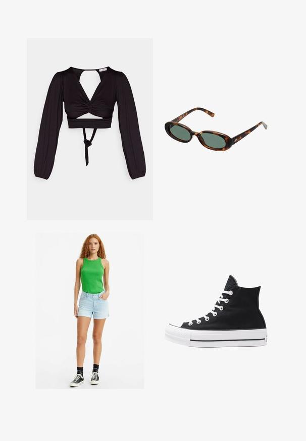 Top corto negro con mangas largas abullonadas, diseño frontal torcido y espalda descubierta. Cuenta con un lazo en la cintura y una tela suave y elástica.; Top verde ajustado, pantalones cortos de mezclilla azul claro y zapatillas altas negras con cordones blancos. Diseño simple y casual con detalles mínimos.; Zapatilla alta de lona negra con ojales, cordones y suela de goma blanca. Presenta una puntera texturizada y acentos en negro y blanco.; Gafas de sol de carey con montura ovalada y lentes verdes. Presentan brazos delgados con un detalle metálico cerca de las bisagras.