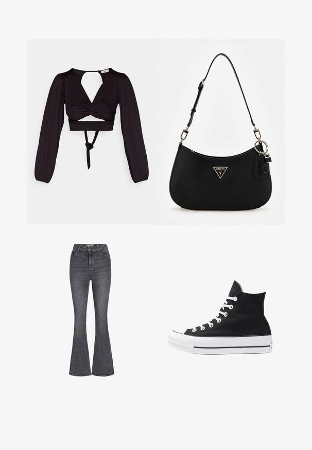 Zwart cropped top met lange pofmouwen, gedraaid voorkant ontwerp en open rug. Heeft een strik in de taille en een soepele, elastische stof.; Hooggekapte flared jeans in donkergrijs denim, met een klassieke vijf-pocket ontwerp, knoopsluiting en een lichte vervaging.; Hoge zwarte canvas sneaker met witte oogjes, veters en rubberen zool. Beschikt over een gestructureerde neuskap en zwart-witte streepaccenten.; Zwarte synthetische schoudertas met een gebogen silhouet, textuurafwerking, gouden driehoeklogo en afneembare hardwareaccenten.; Gouden rosary ketting met ronde kralen, een centraal decoratief medaillon en een kruispendant. Gladde afwerking overal.