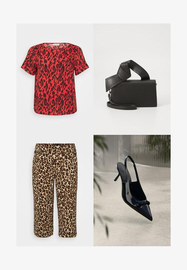 Raudona trumpa rankovė viršutine dalimi su leopardų raštu juoda ir tamsiai violetine spalvomis. Su laisvu kirpimu ir kvadratiniu iškirpimu.; Leopardų rašto kelnės iš švelnios medžiagos. Su elastine juosta, trumpu ilgiu ir juodais bei rudos spalvos dėmėmis ant smėlio spalvos fono.; Juodas patentuotas odinis slingback aukštakulnis su smailiu pirštu ir dekoratyvine sagtimi, pakabintas virš šviesių įtrūkusių grindų.; Juodas odinis krepšys stačiakampio formos, su unikalia mazgo formos rankena ir nuimamu peties diržu. Lygus paviršius ir minimalus siūlių skaičius.