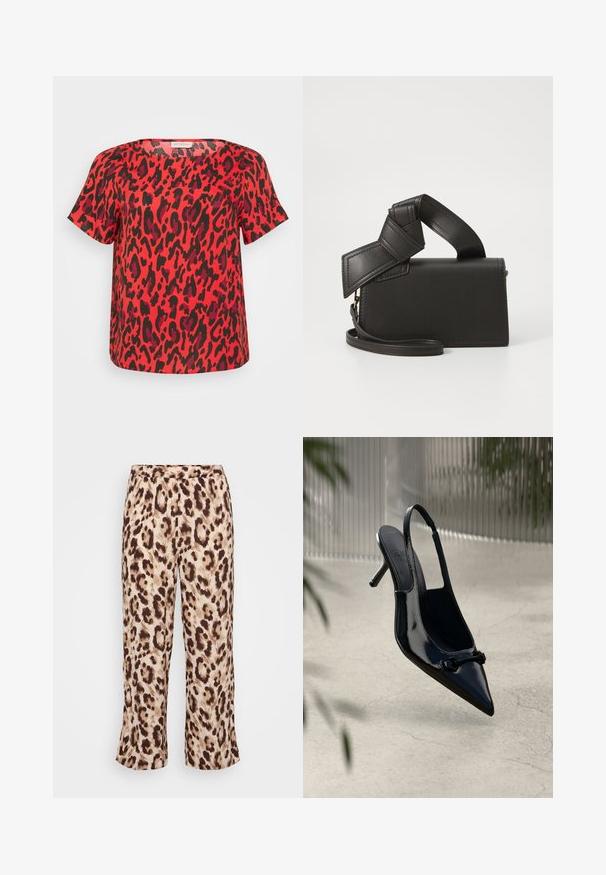 Top roșu cu mânecă scurtă, având un imprimeu cu leopard în negru și mov închis. Croială lejeră și decolteu pătrat.; Pantaloni cu imprimeu leopard, cu talie elastică, având un amestec de nuanțe bej și maro. Materialul are o textură netedă; design cu picior scurt.; Sandale cu toc înalt din piele lăcuită neagră, cu vârf ascuțit și cataramă decorativă, suspendată deasupra unui podea deschisă cu crăpături.; Geantă din piele neagră cu formă rectangulară, având un mâner unic, legat, și o curea de umăr detașabilă. Textură netedă și cusături minime.