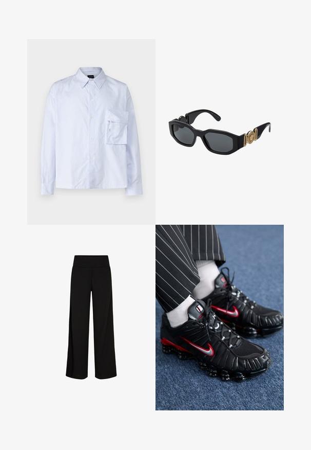 Hele sinine ja valge triibuline nööpidega särk, mis on valmistatud puuvillast. Omab rinna taskut ja klassikalist kraed. Pikad varrukad nööpidega mansettidega.; Mustad laiad püksid pehme ja veniva vöökohaga. Sile kangas, täispikk disain, nähtamatud kinnitused või mustrid.; Mustad mustree jalatsid punaste ja hõbedaste detailidega, võrkmaterjalist ja tekstuursete sünteetiliste materjalidega, nööridega disain ja nähtav pehmendus talla.; Mustad mustanlaadsed prillid, millel on jäme geomeetriline raam, tumedad läätsed ja kuldsed metallaktsendid templitel koos ümmarguse embleemiga.