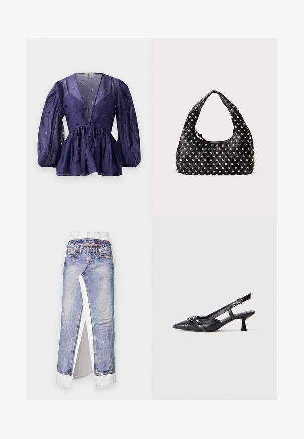 Dunkelblaue Bluse aus durchsichtigem Stoff, mit V-Ausschnitt und voluminösen Ärmeln. Sie hat eine geraffte Taille mit floralen Stickereien in der gesamten Bluse.; Denim-Rock mit Fotodruck von Jeans auf weißem Stoff. Verfügt über einen Standardbund, einen seitlichen Schlitz und detaillierte Steppnähte an den Taschen.; Schwarzer Leder-Slingback-Schuh mit spitz zulaufender Zehenpartie, dekorativen Riemen mit METALLÖSEN und niedrigem Blockabsatz. Strukturelle Oberfläche.; Schwarze Lederhandtasche mit einem gebogenen Griff, die ein Muster aus metallischen Nieten aufweist, die gleichmäßig über die Oberfläche verteilt sind. Mit Reißverschlussverschluss.