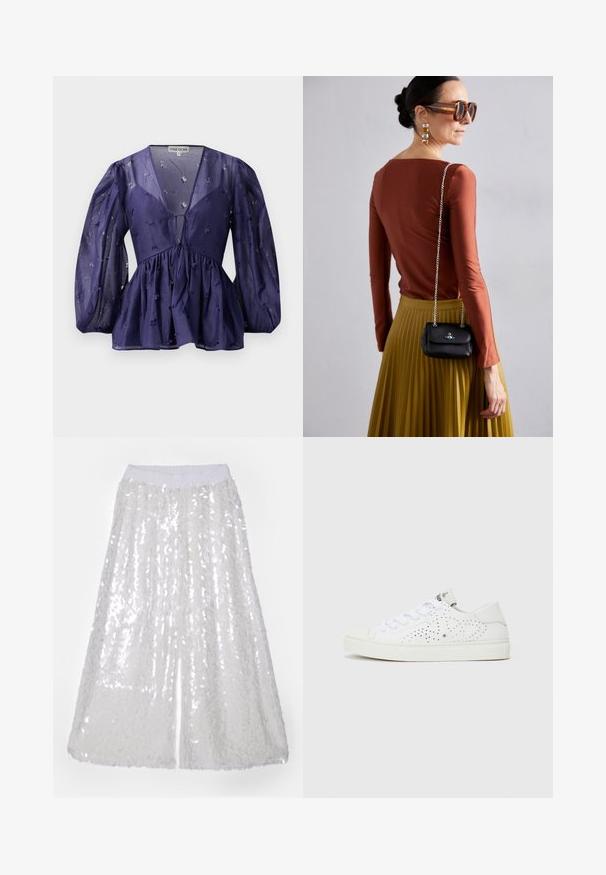 Tmavomodrá blúzka s priehľadnou látkou, s výstrihom do V a nafúknutými rukávmi. Obsahuje nariasený pás s kvetinovými výšivkami po celom obvode.; Norma Kamali BOYFRIEND ELEPHANT - Nohavice - clear/white; Biele nízke tenisky s perforovaným dizajnom, plochými šnúrkami a textúrovanou gumovou podrážkou. Vyznačujú sa minimalistickým štýlom a jemným povrchom.; Vivienne Westwood SMALL PURSE CHAIN - Taška cez plece - black