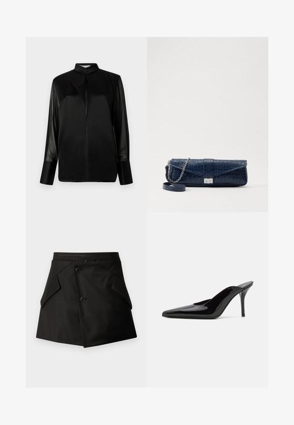 Blusa negra con cuello alto, mangas largas transparentes, detalle de lazo en el cuello, hecha de suave tela satinada, cierre frontal con botones.; Falda negra con un diseño estructurado, que presenta dos bolsillos frontales y dos botones. Hecha de un material suave con una cintura texturizada.; Mule de charol negro con tacón alto, punta afilada y una silueta elegante, con un escote abierto en la parte posterior y un tacón de aguja delgado.; Clutch de piel azul marino con textura de cocodrilo, correa de cadena plateada y cierre metálico. Forma rectangular con diseño plegable.