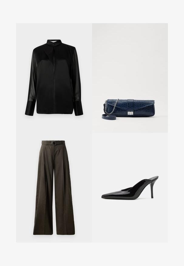 Fekete blúz álló gallérral, hosszú áttetsző ujjak, masni részlet a nyaknál, sima selyem anyagból készült, elöl gombos záródással.; Magasan derékszabott, széles lábú nadrág sötétbarna anyagból, sima textúrával. Jellemzője egy azonos színű öv, kör alakú csattal és plissé dizájnnal.; Fekete lakkbőr magas sarkú mules cipő, hegyes orral és karcsú sz Siluettel, nyitott hátsó résszel és vékony stilettó sarokkal.; Sötétkék bőr retikül krokodilbőr textúrával, ezüst lánc pánttal és fém csattal. Téglalap alakú, felhajtható kialakítással.