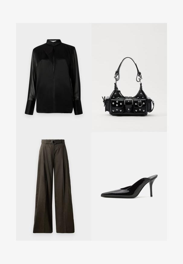 Zwarte blouse met een opstaande kraag, lange doorschijnende mouwen, strikdetail bij de hals, gemaakt van gladde satijnen stof, sluiting met knopen aan de voorkant.; Hooggewaisted, wijde broek in donkerbruine stof met een soepel textuur. Bevat een bijpassende riem met een ronde gesp en geplooid ontwerp.; Zwarte gepatineerde leren hoge hak muiltjes met een spitse neus en een slanke silhouet, met een open achterkant en een slanke stilettohak.; Zwarte lederen handtas met een gebogen ontwerp, voorzien van zilveren studs, een gesp en twee zijvakken. Verstelbare schouderband voor verschillende draagmogelijkheden.