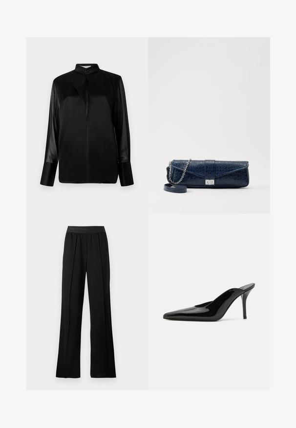 Schwarze Bluse mit Stehkragen, langen transparenten Ärmeln, Schleifendetail am Hals, aus glattem Satinmaterial, mit Knopfverschluss vorne.; Schwarze weit geschnittene Hose aus glattem Stoff mit einem dehnbaren Bund. Verfügt über Falten für zusätzliches Volumen und Fluss, ohne sichtbare Muster oder Akzente.; Schwarze Lackleder-Pumps mit hohen Absätzen, spitzer Zehenform und schlanker Silhouette, mit offenem Rücken und schlankem Stiletto-Absatz.; Marineblaue Leder-Clutch mit Krokodilstruktur, silberner Kettenriemen und metallischem Verschluss. Rechteckige Form mit Umschlagdesign.