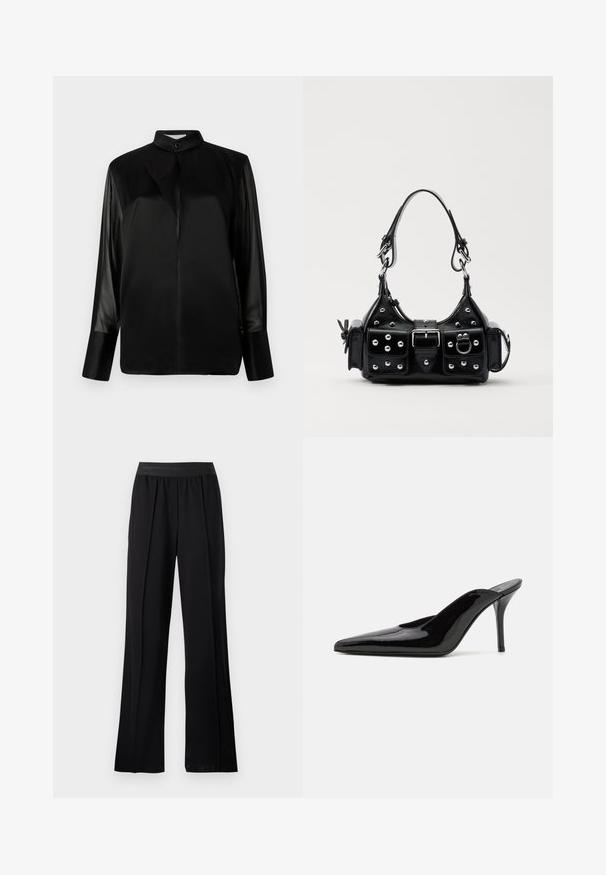 Zwarte blouse met een opstaande kraag, lange doorschijnende mouwen, strikdetail bij de hals, gemaakt van gladde satijnen stof, sluiting met knopen aan de voorkant.; Zwarte wijde broek van soepel materiaal met een elastische tailleband. Bevat plooien voor extra volume en flow, zonder zichtbare patronen of accenten.; Zwarte gepatineerde leren hoge hak muiltjes met een spitse neus en een slanke silhouet, met een open achterkant en een slanke stilettohak.; Zwarte lederen handtas met een gebogen ontwerp, voorzien van zilveren studs, een gesp en twee zijvakken. Verstelbare schouderband voor verschillende draagmogelijkheden.