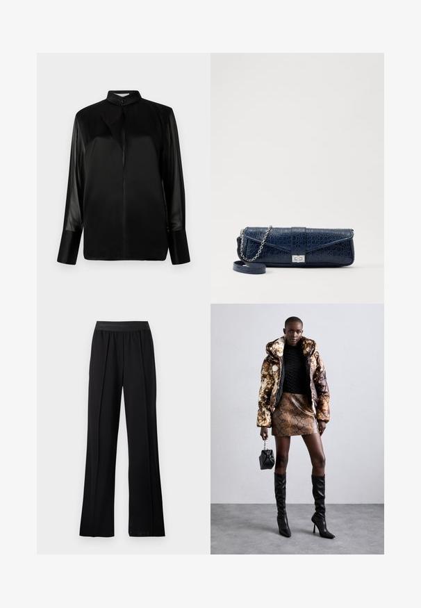 Sort bluse med stand-up krave, lange gennemsigtige ærmer, sløjfe-detalje ved halsen, lavet af glat satinmateriale, front lukning med knapper.; Sorte brede bukser lavet af glat stof med en strækbar elastik. Har folder for ekstra volumen og bevægelse, uden synlige mønstre eller detaljer.; Pufferjakke med et brunt og sort mønster, parret med en brun slangeskinds mini nederdel, sorte støvler op til knæet og en lille sort taske.; Mørkeblå læder clutch med krokodilleskin, sølv kædesti og metallisk lukning. Firkantet form med fold-over design.