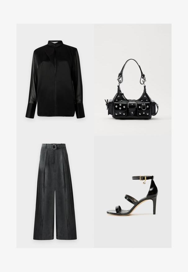 Sort bluse med stand-up krave, lange gennemsigtige ærmer, sløjfe-detalje ved halsen, lavet af glat satinmateriale, front lukning med knapper.; Bredde benbukser i mørkegrå, med en glat tekstur, folder og et bælte med en sølvspænde i høj talje.; Sorte patenterede lædersandaler med tre stropper, ankelspænde og 10 cm stiletthæl. Har detaljer i guld og et logo charms.; Sort læderhåndtaske med et buet design, prydet med sølvfarvede nitter, en spænde og to sidelommer. Justerbar rem til forskellige bære muligheder.