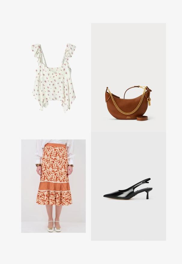 Hvid blomstret top med volangstropper, der har en løs pasform og tekstureret stof med små lyserøde blomster spredt over overfladen.; Flareret midi nederdel i orange og creme blomsterprint med volangkant, gingham panel og scallopkant. Lavet af letvægtsstof.; Sorte patenterede slingback hæle med spids tå, tynd hæl og justerbar spænde-rem. Glat tekstur med minimal udsmykning.; Brun læderhandtaske med et buet design, guld kædestropp, indvendig lomme og en aftagelig skulderrem. Har kontrastsyning.